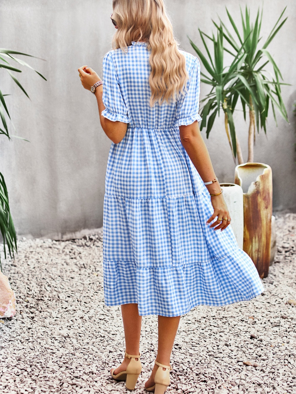 European style plaid long dress elegant summer dress for women