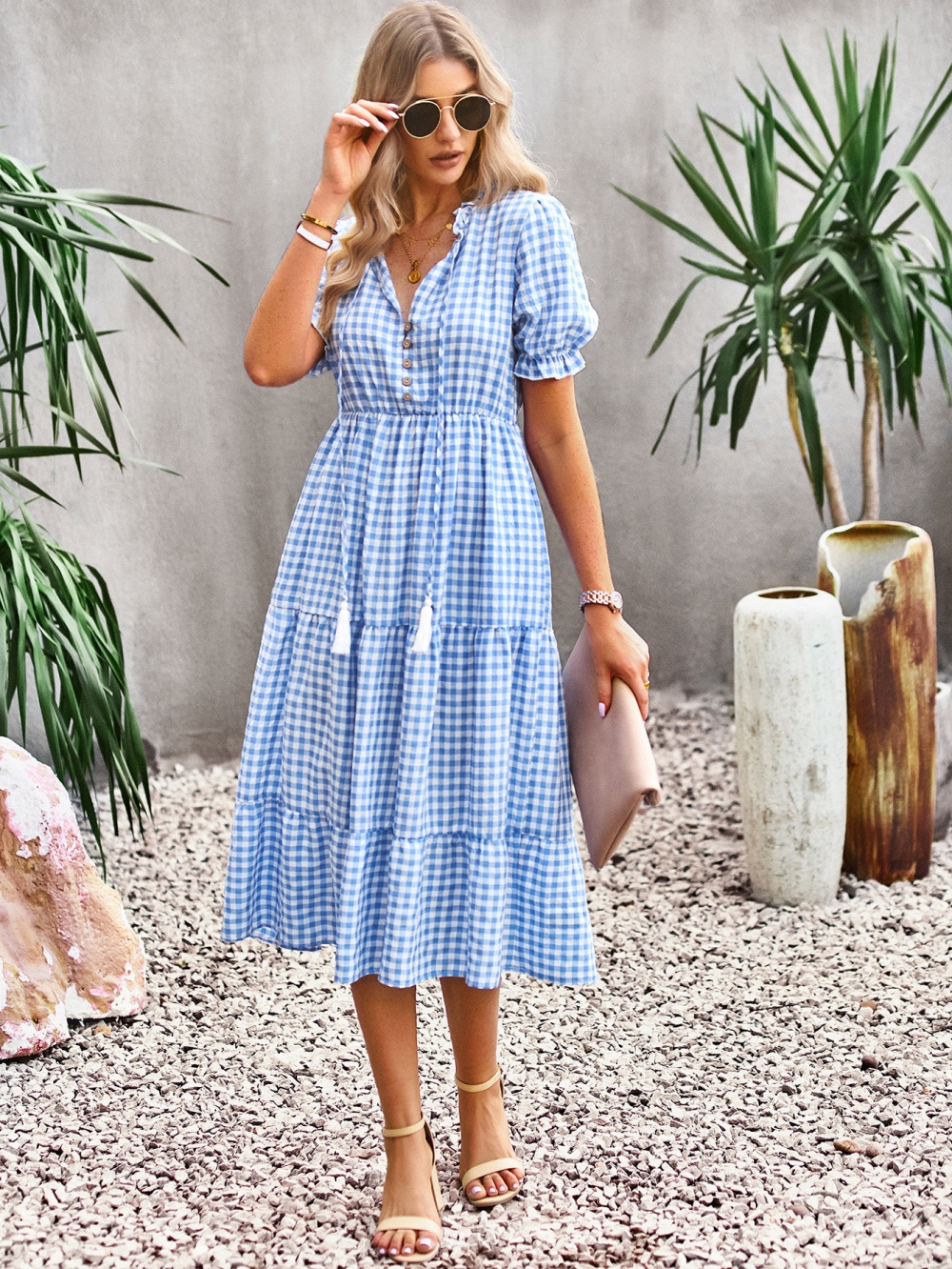 European style plaid long dress elegant summer dress for women