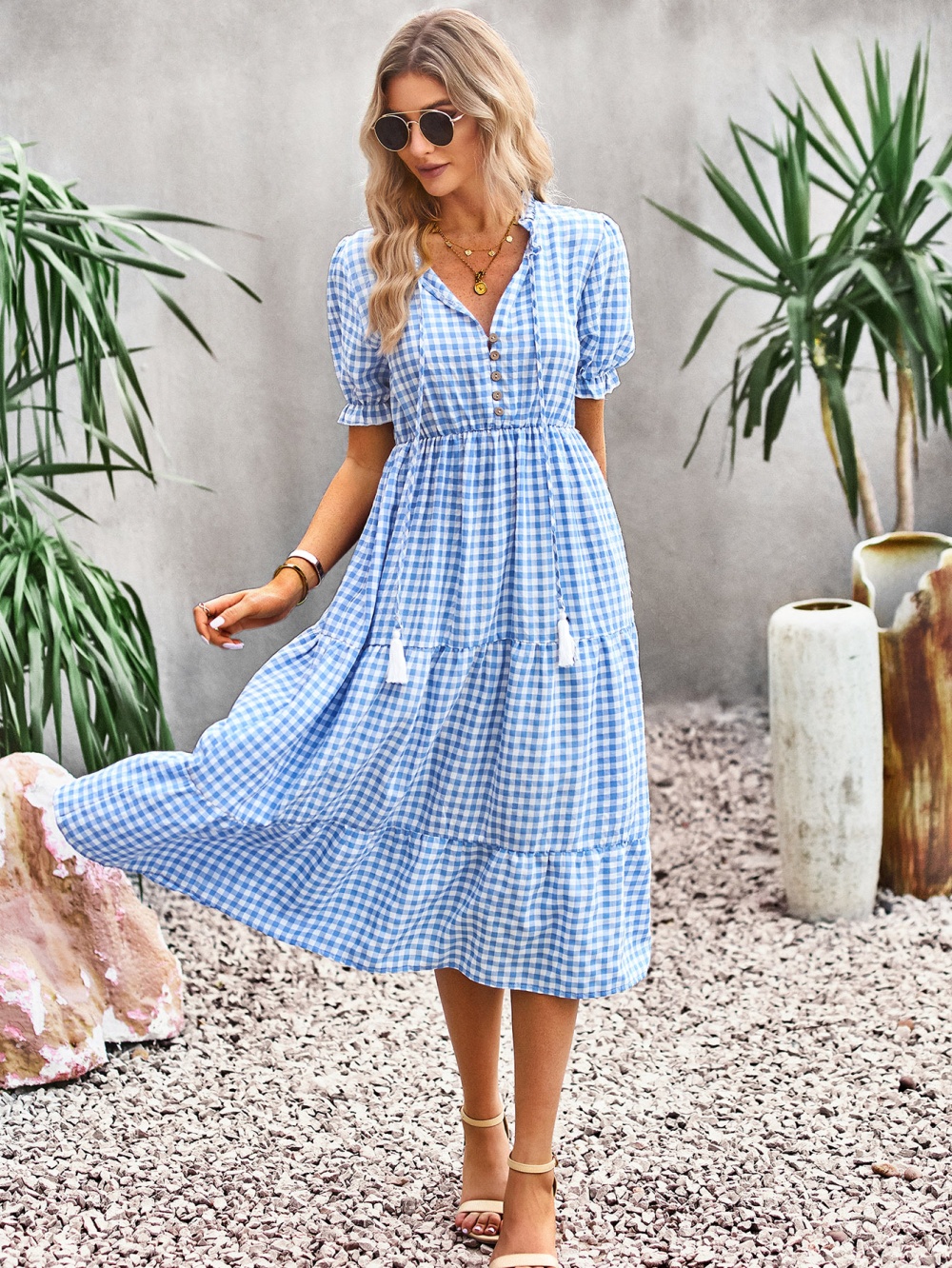 European style plaid long dress elegant summer dress for women