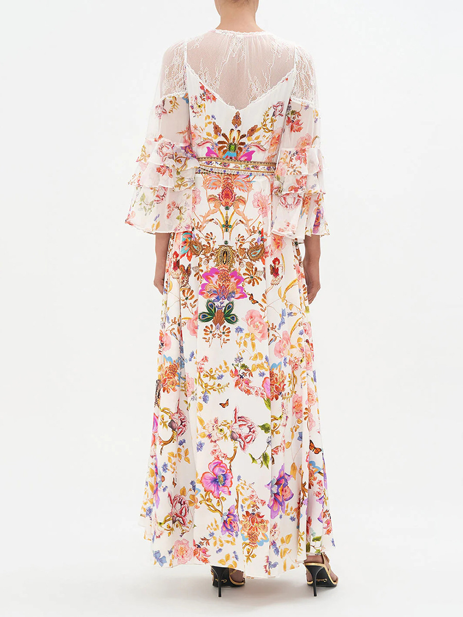 V-neck pinched waist spring floral seaside long dress