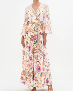 V-neck pinched waist spring floral seaside long dress