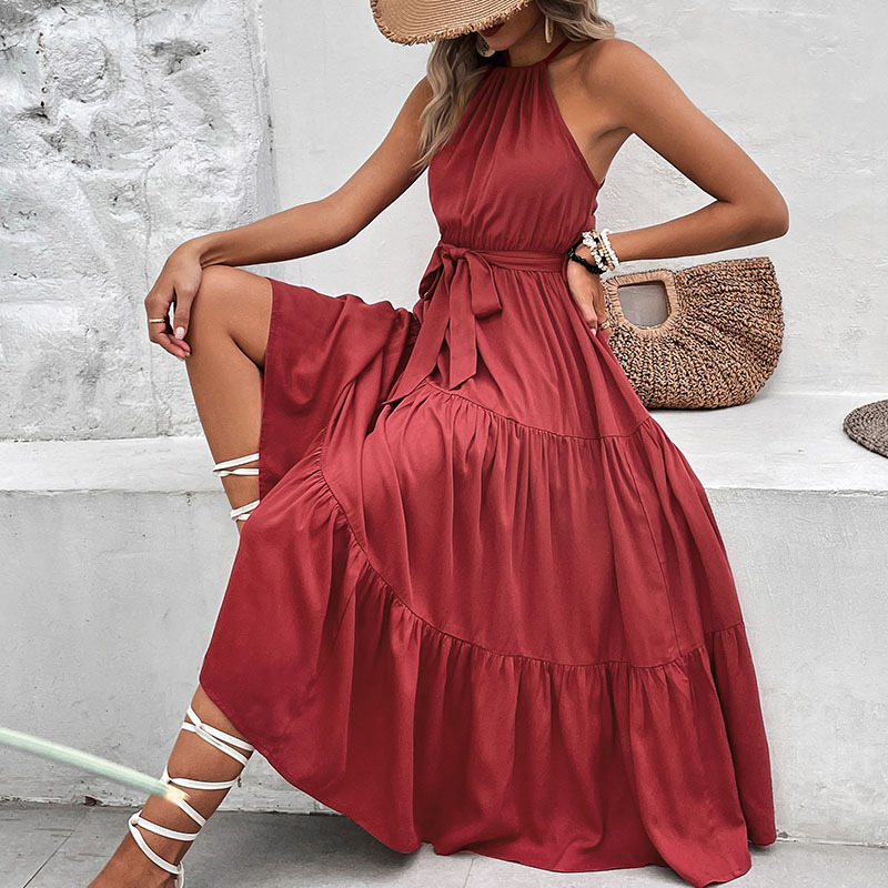 European style long summer halter pure dress for women