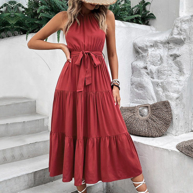 European style long summer halter pure dress for women