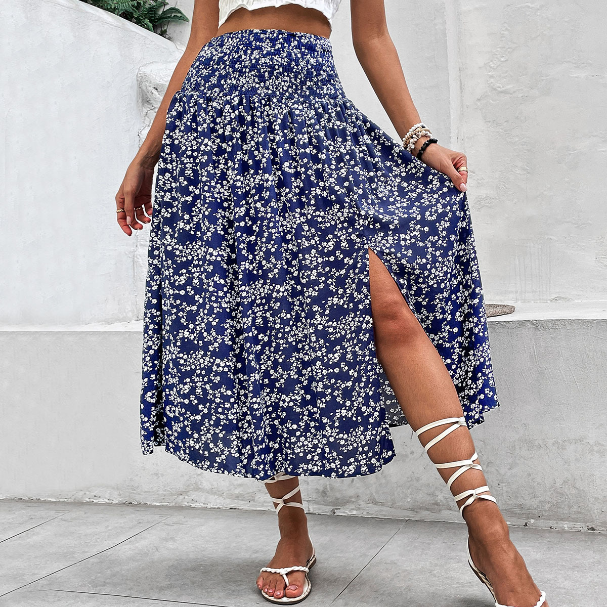 European style long summer printing blue skirt for women