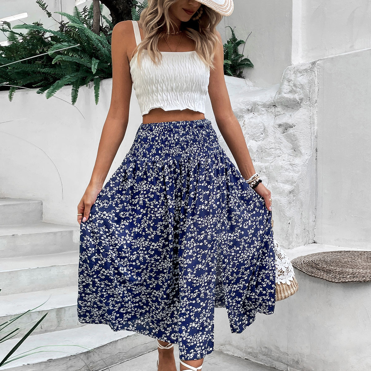 European style long summer printing blue skirt for women
