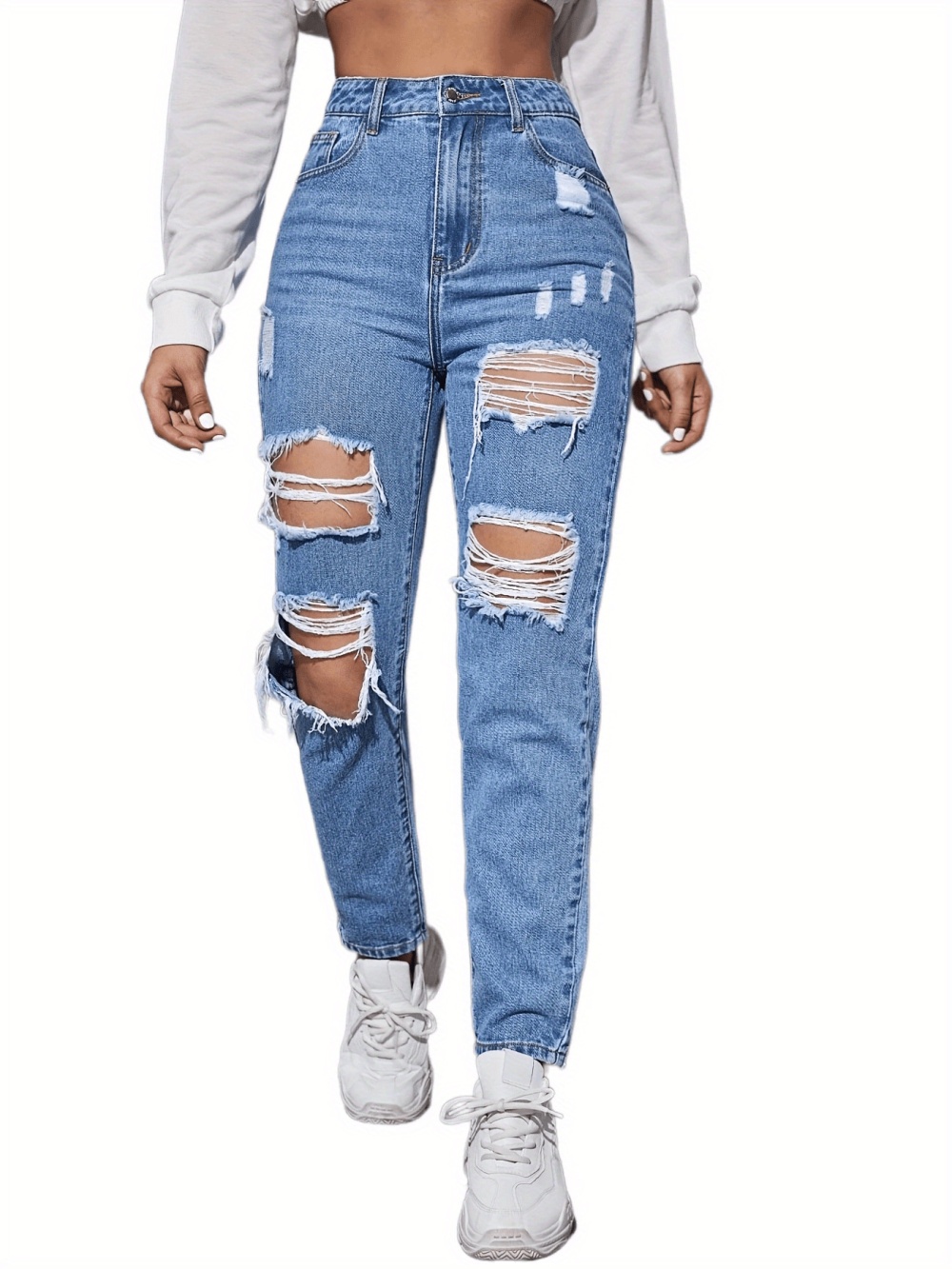 European style high waist jeans holes Casual pants
