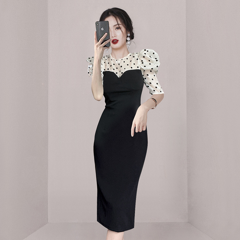 Splice pinched waist Korean style puff sleeve dress
