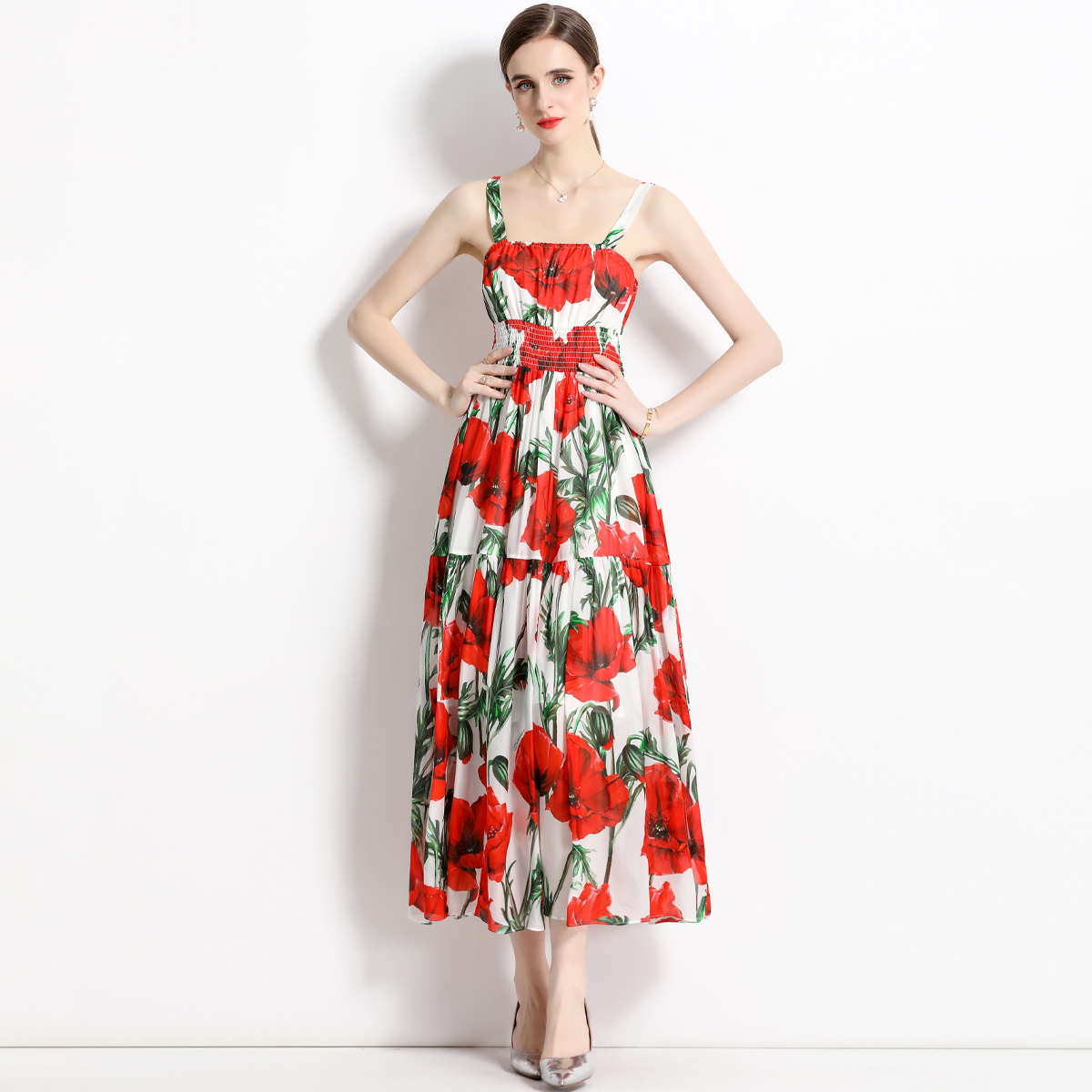 Sling rose long dress printing slim dress for women