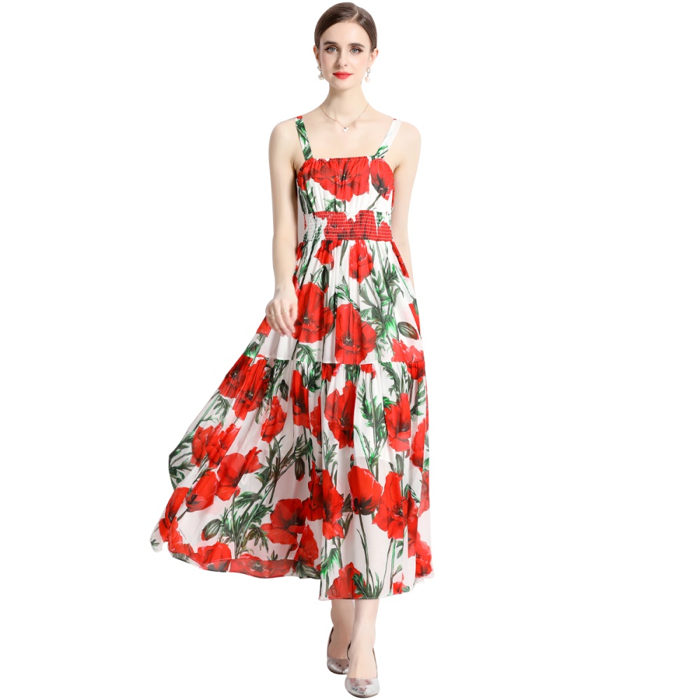 Sling rose long dress printing slim dress for women