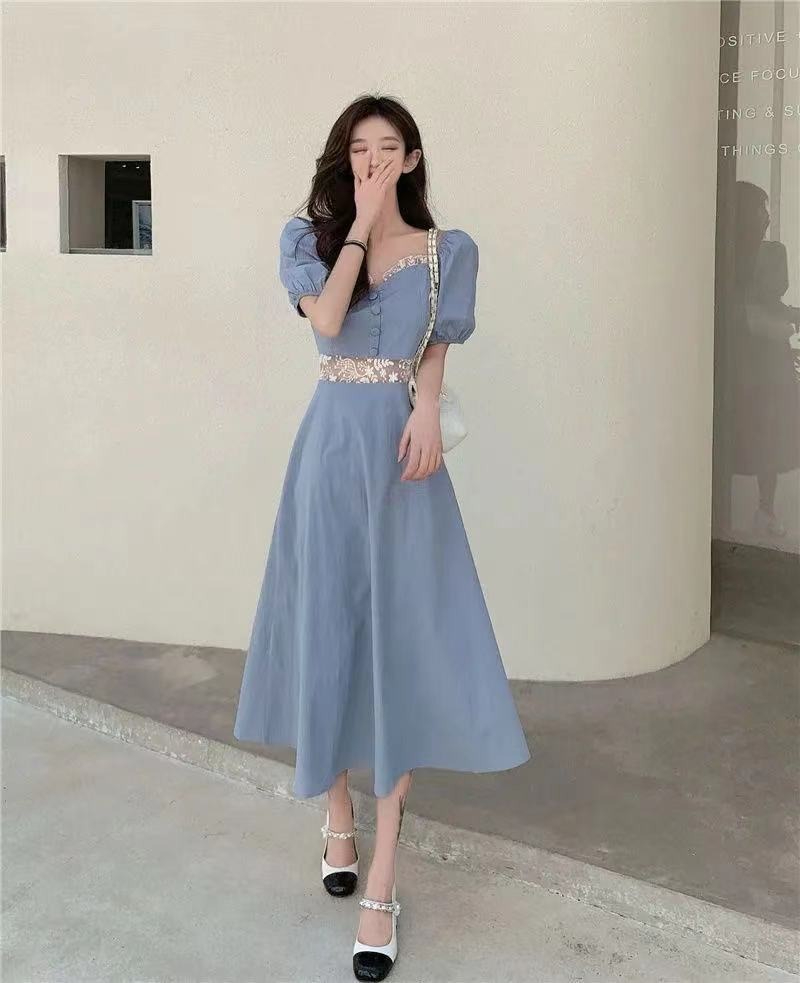 France style puff sleeve blue square collar dress