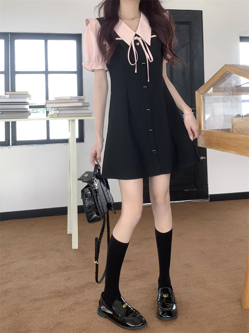 Black doll collar T-back pinched waist sweet dress for women