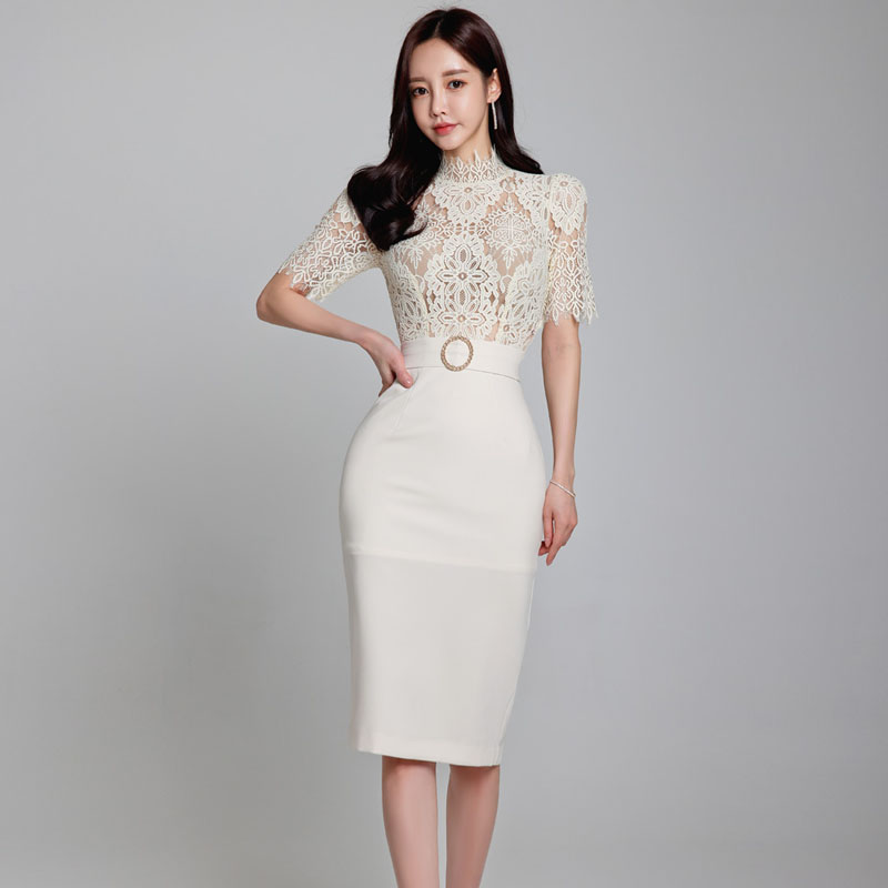 Slim spring and summer lace splice round buckle dress