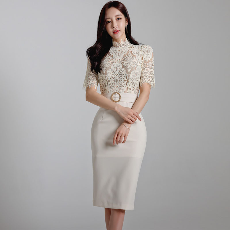 Slim spring and summer lace splice round buckle dress