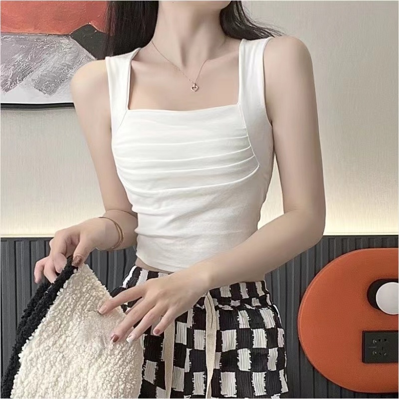 Square collar fold primer vest slim tops for women