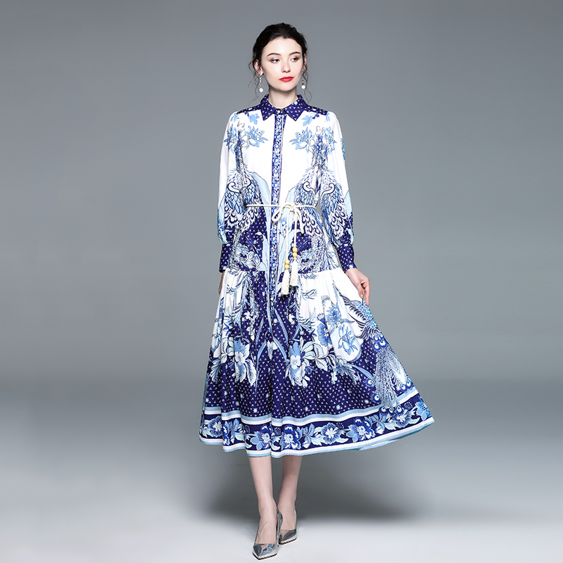 Cotton linen lapel long dress printing dress