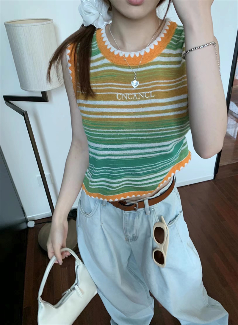 Simple knitted vest Korean style stripe tops for women