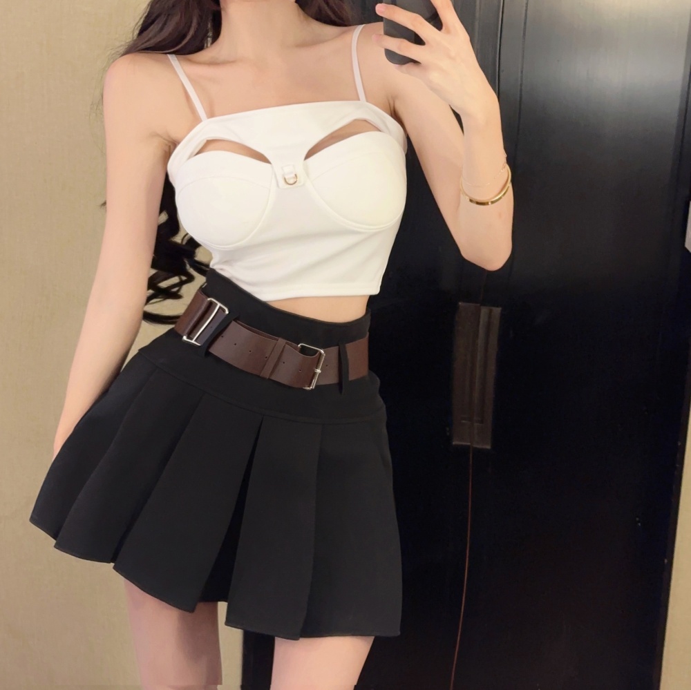 Hollow high waist tops pleated wrapped chest skirt 2pcs set