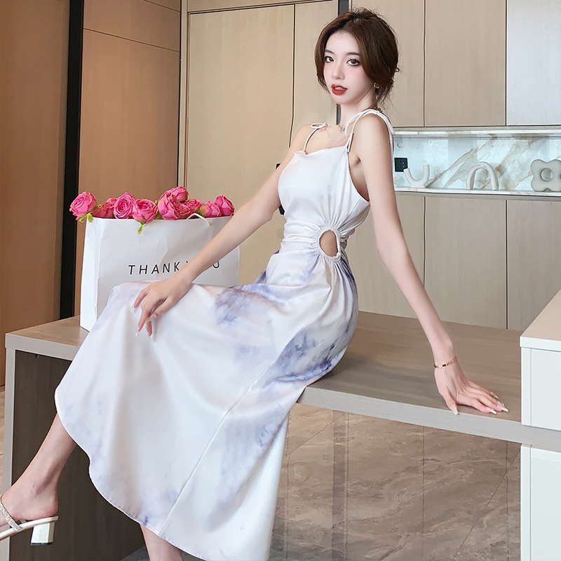 Satin France style dress temperament ink strap dress