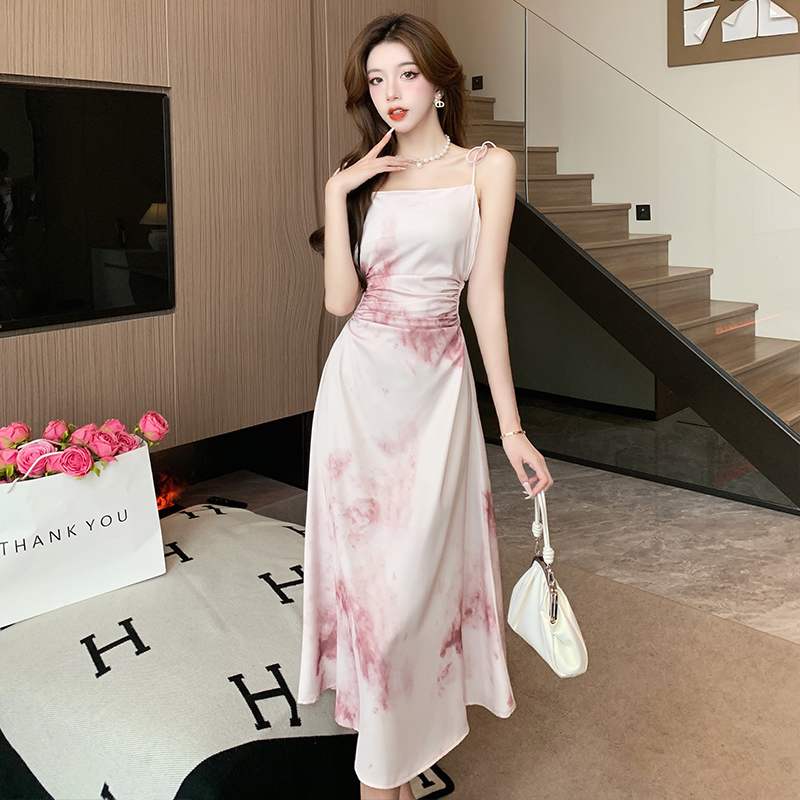 Satin France style dress temperament ink strap dress