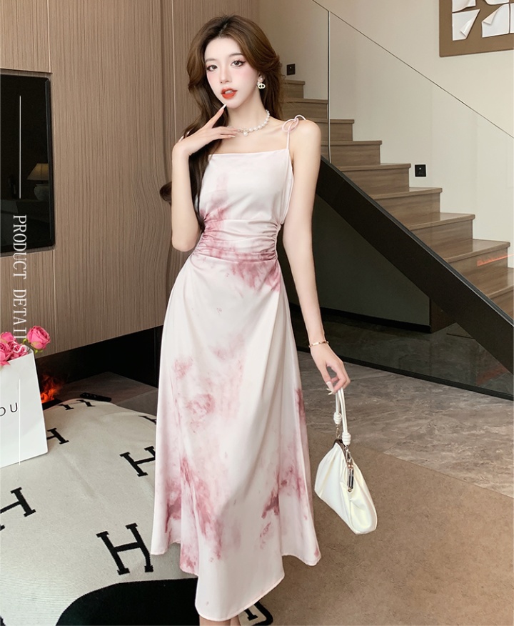 Satin France style dress temperament ink strap dress