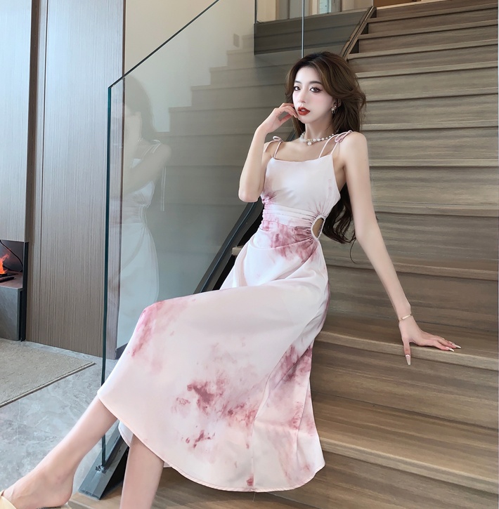 Satin France style dress temperament ink strap dress