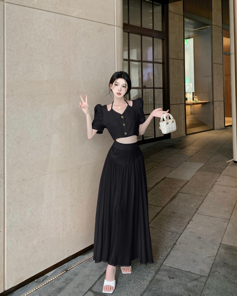 Autumn tops France style long skirt 2pcs set