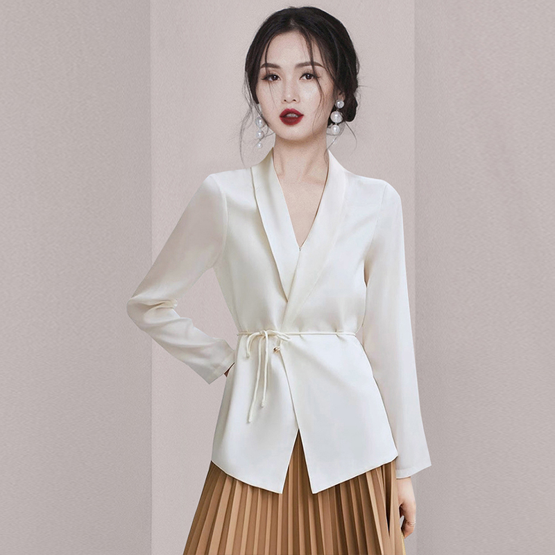 Frenum fashion pinched waist business suit thin silk tops