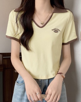 Pure cotton short lapel T-shirt summer V-neck tops for women