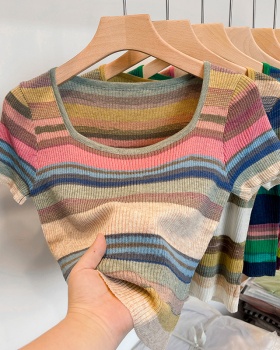 Summer short sleeve short sweater rainbow stripe tops for women