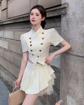 High waist skirt cstand collar coat a set for women
