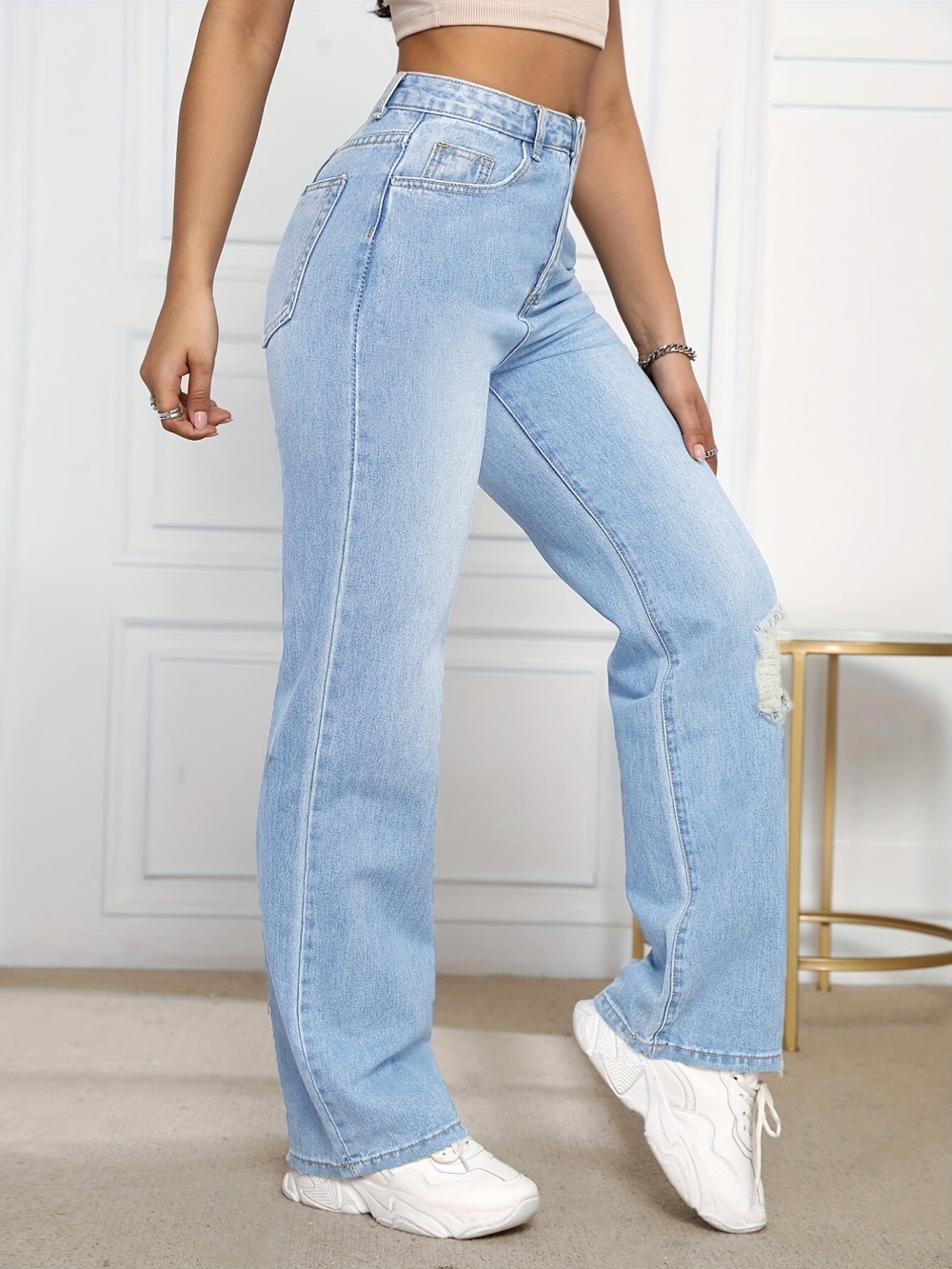 Straight holes pure denim fashion jeans