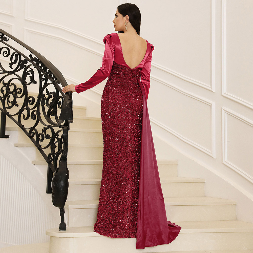 Banquet sequins evening dress flat shoulder dress for women