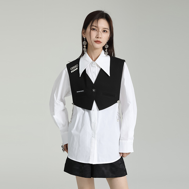 Pinched waist shirt waistcoat 2pcs set for women