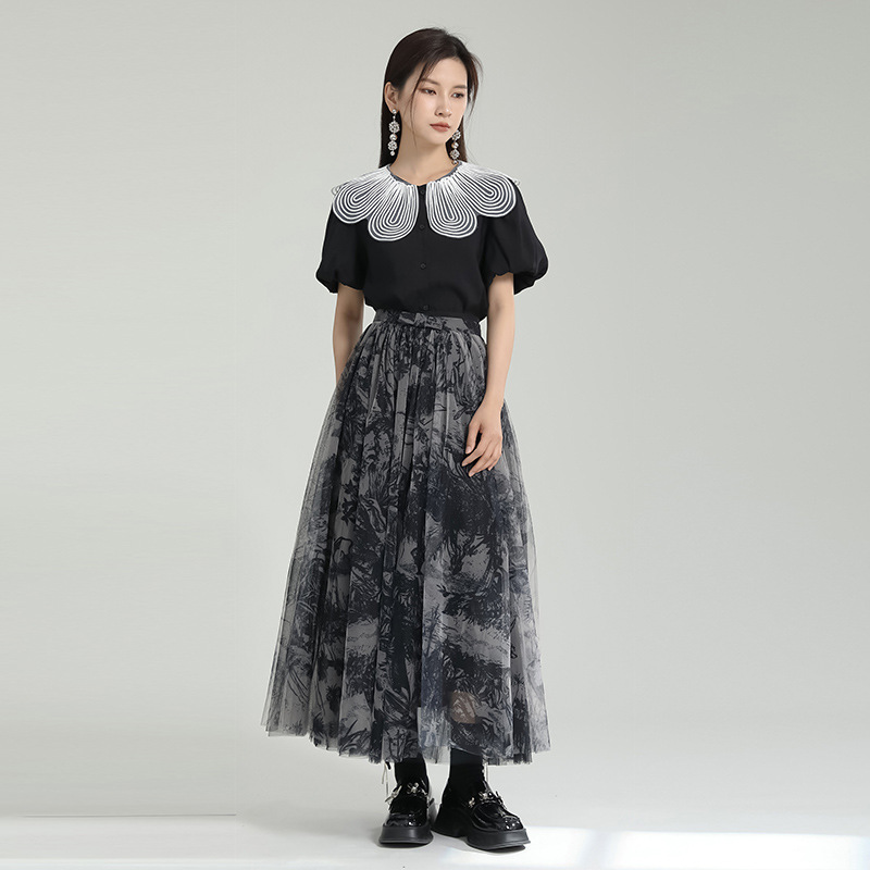 Printing summer long dress high waist skirt 2pcs set