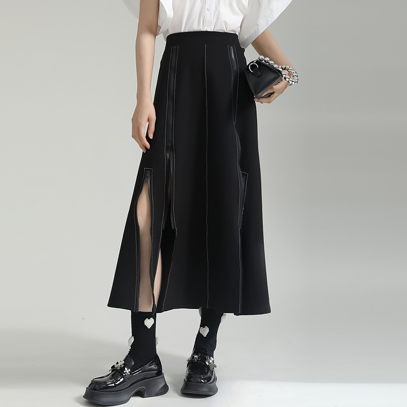 Long zip slim black high waist temperament skirt