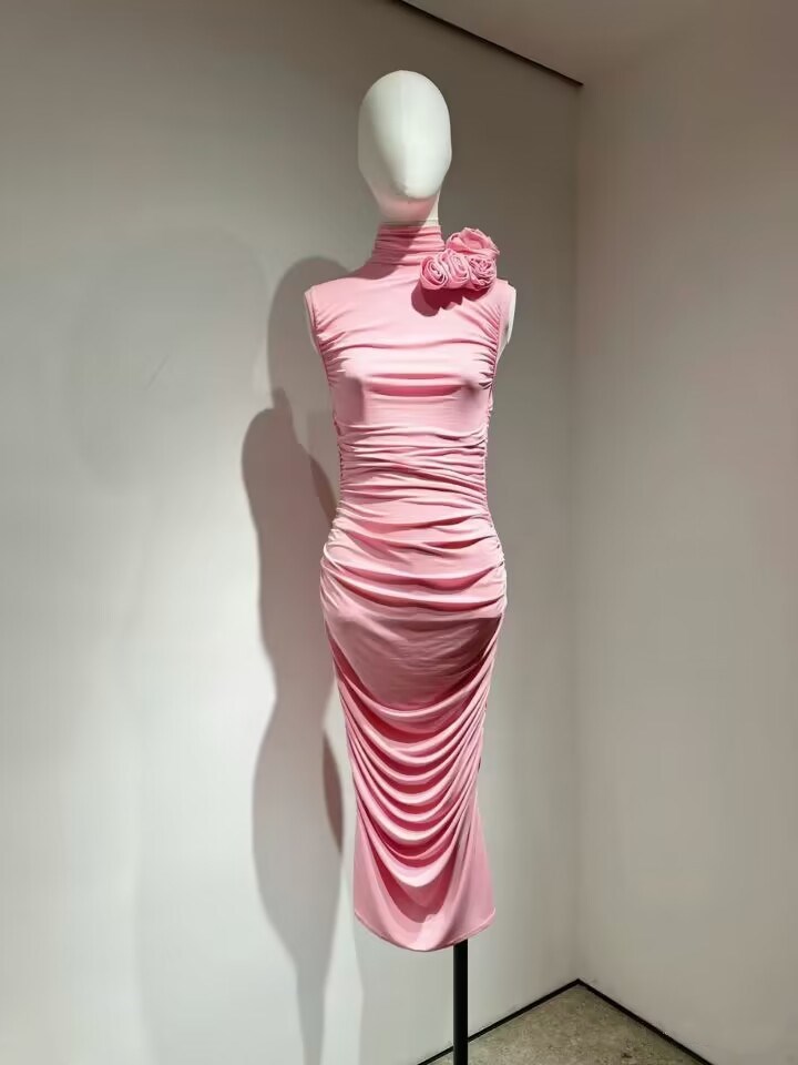 Fold pink stereoscopic formal dress flowers summer long dress