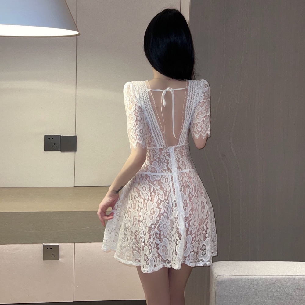 Low-cut lace short sleeve dress sexy single briefs