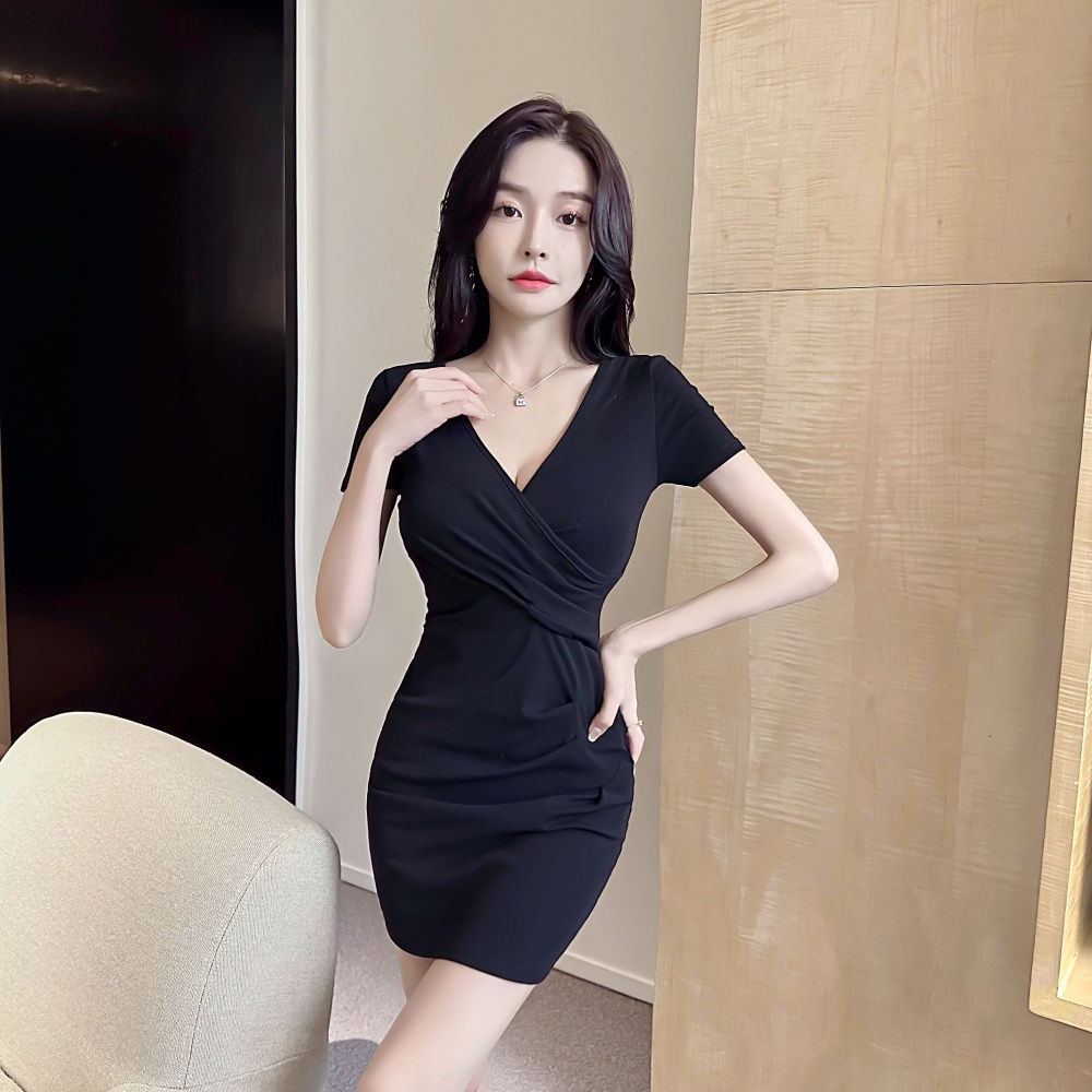 Slim short sleeve low-cut fold V-neck tight sexy dress