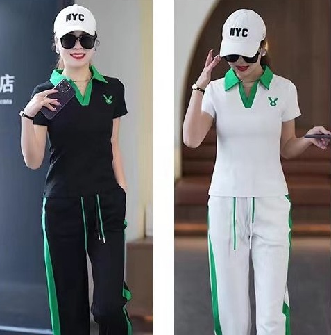 Short sleeve sports Casual wide leg pants 2pcs set for women