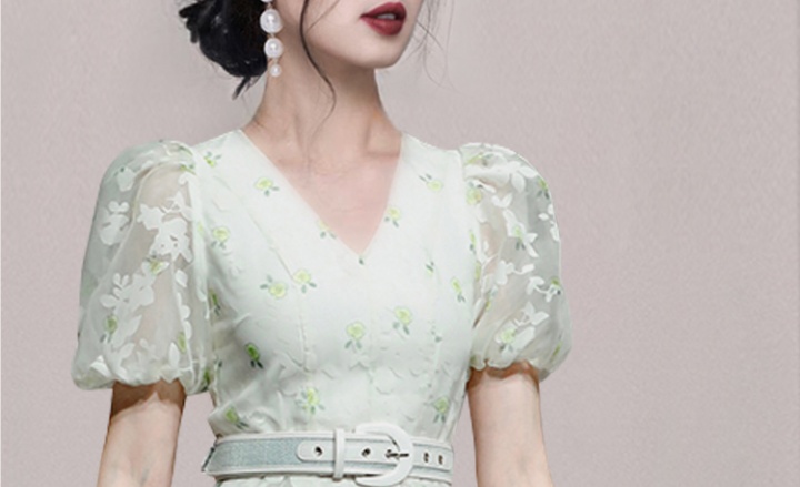 Elegant bubble lady dress lantern sleeve V-neck belt