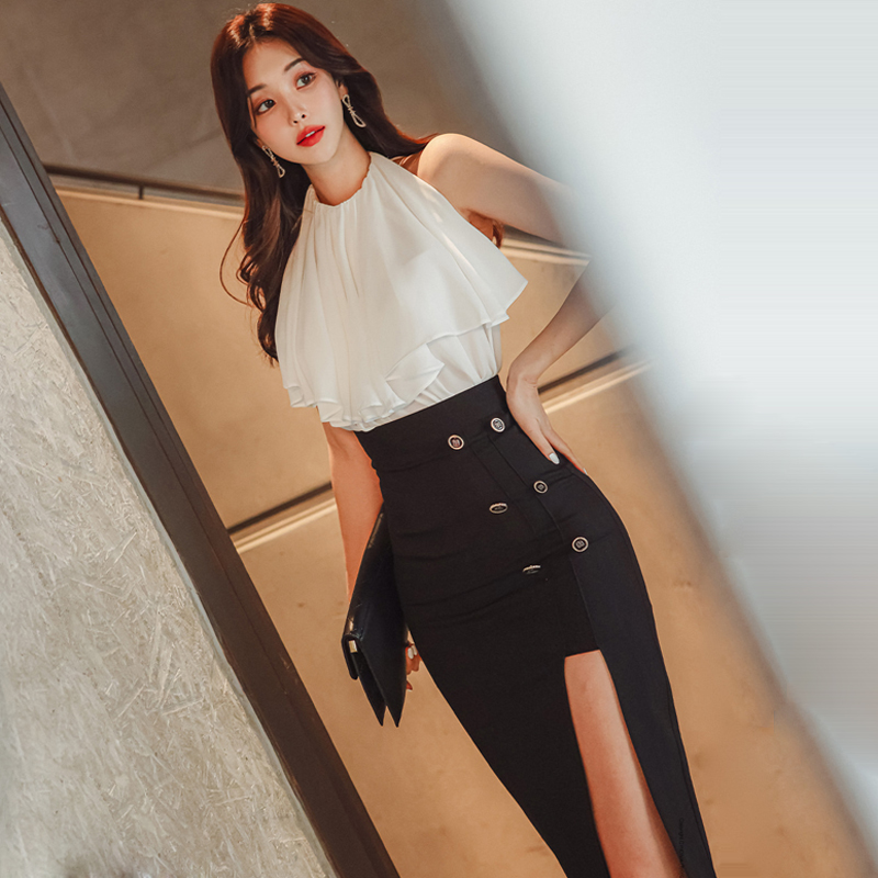 Fashion slim summer tops split package hip skirt 2pcs set