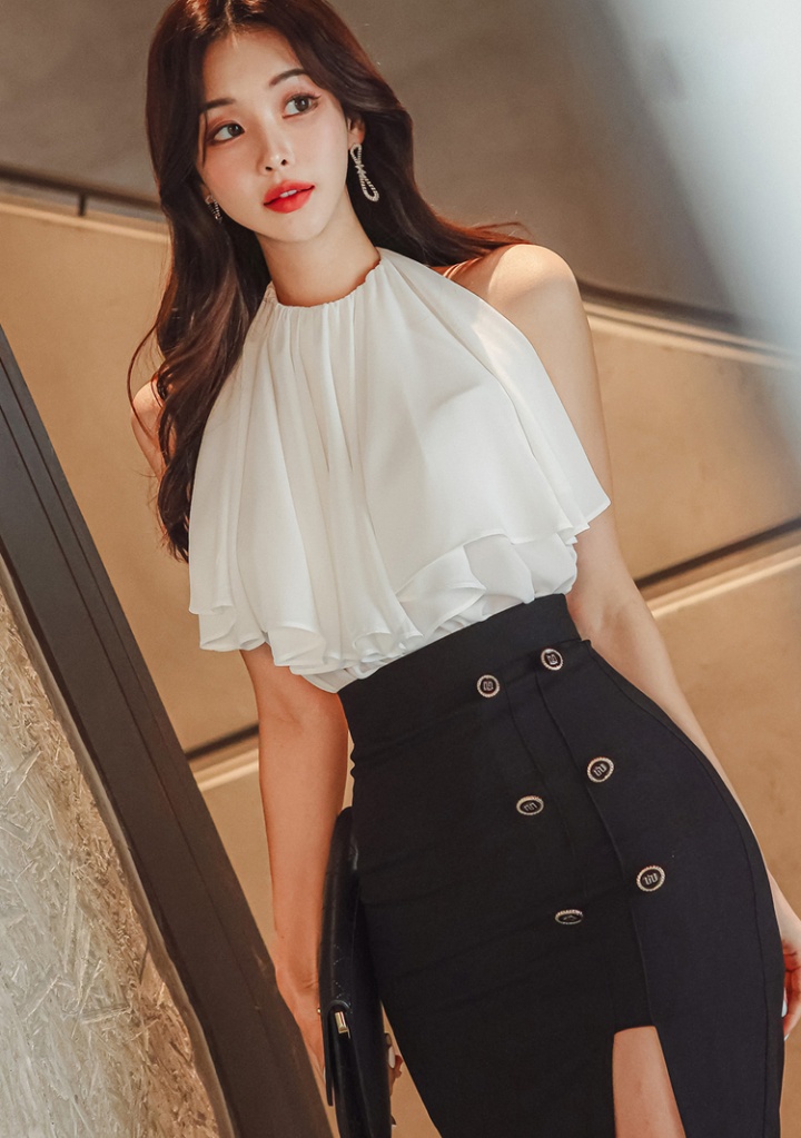 Fashion slim summer tops split package hip skirt 2pcs set