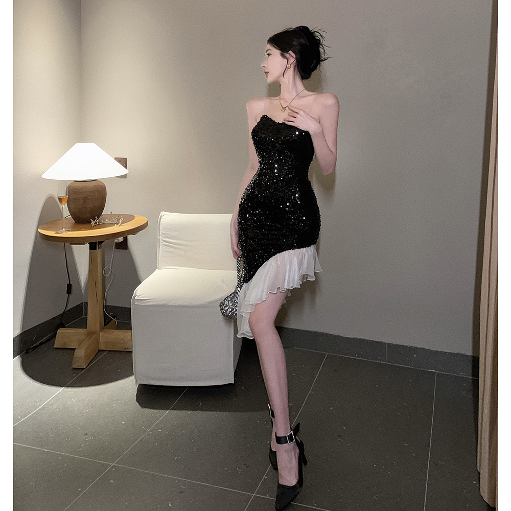 Package hip black-white dress slim evening dress for women