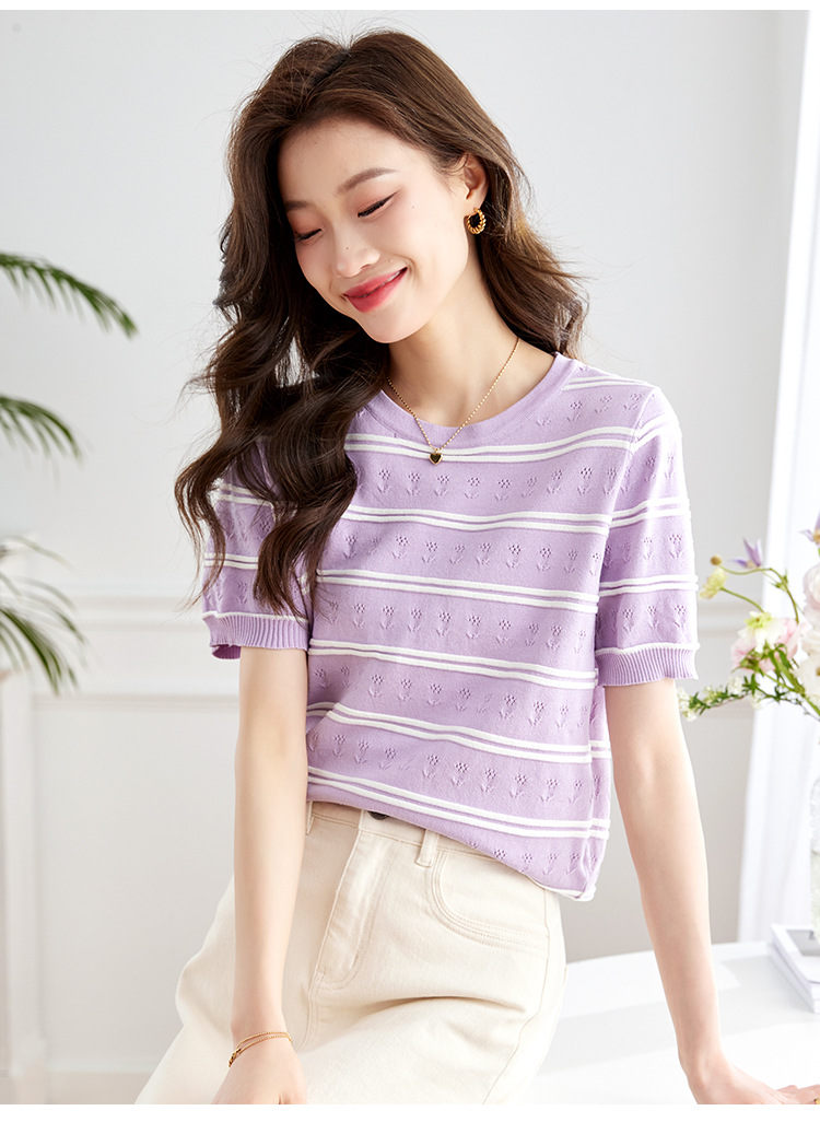 Stripe thin sweater mixed colors ice silk tops for women