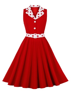 Mixed colors polka dot summer belt European style lapel dress