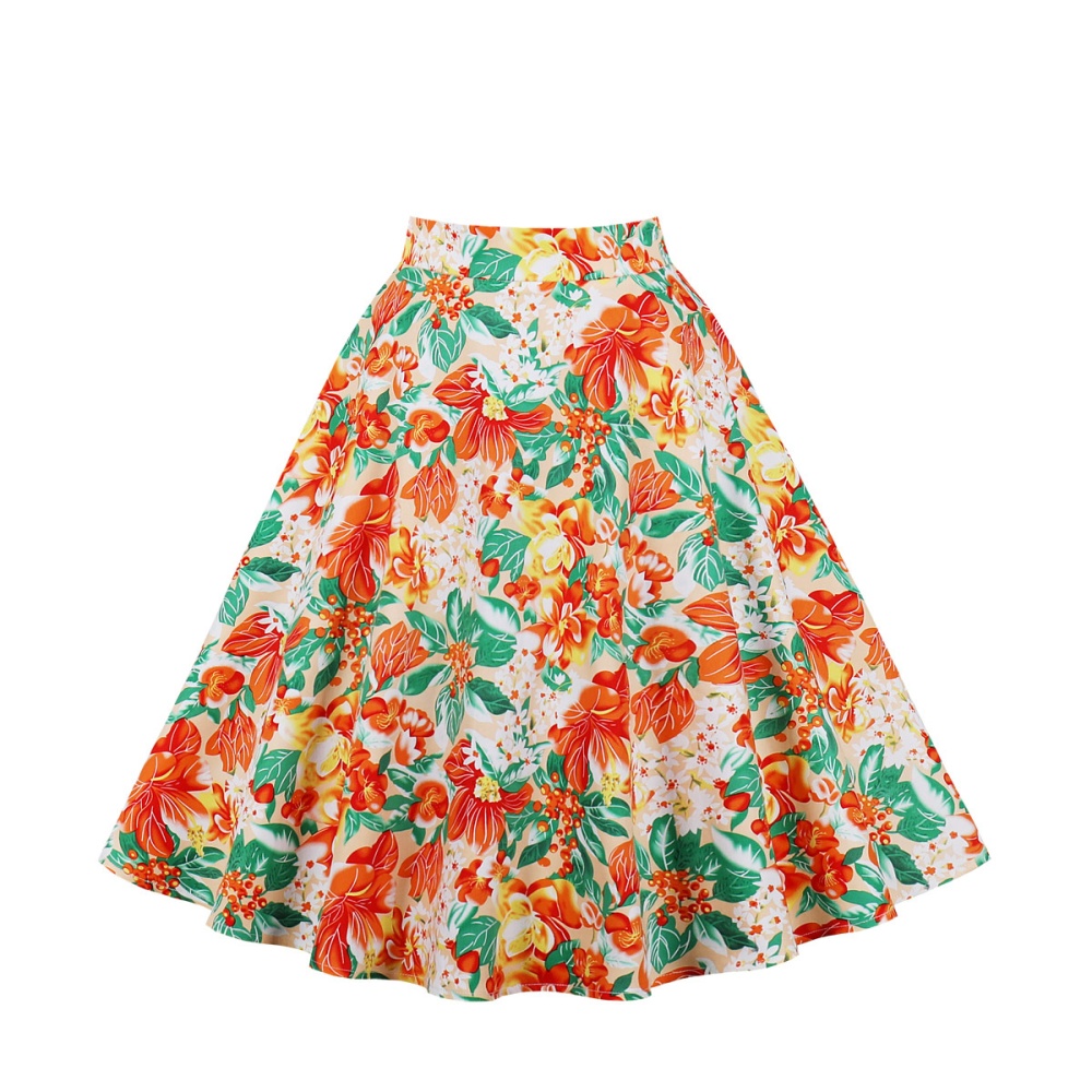 Big skirt flowers pinched waist pure cotton printing skirt