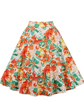 Big skirt flowers pinched waist pure cotton printing skirt