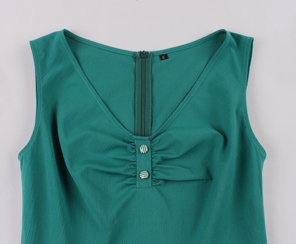 V-neck pinched waist fold sleeveless retro dress