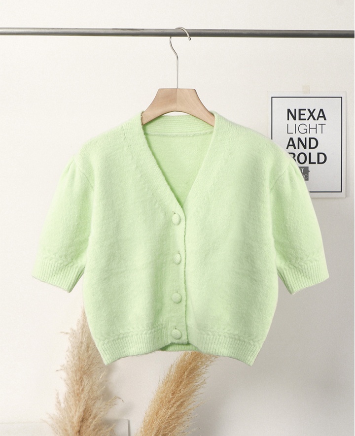 Mohair puff sleeve fashion tops green short knitted cardigan