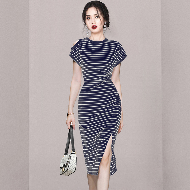 Stripe summer short sleeve strapless long dress for women